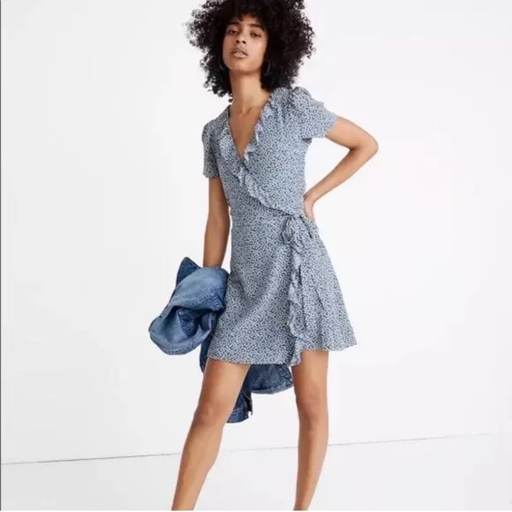 Madewell Blue Wrap Dress Women's Size Extra Small Floral Silk Tie Around Dress